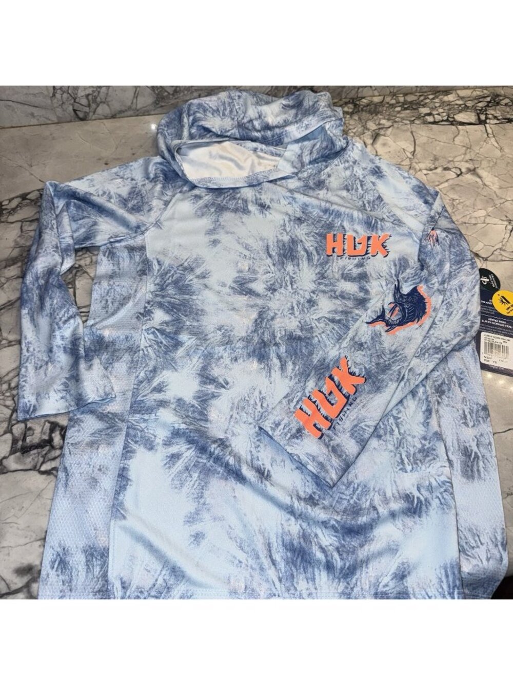 Huk Youth Small Pursuit Hooded Long Sleeve Shirt Fish Blue NEW